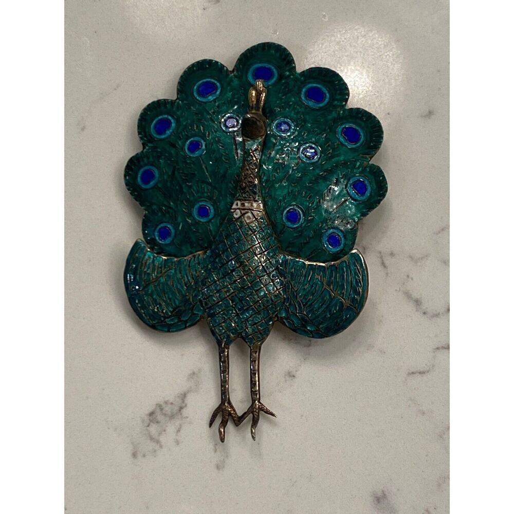Vintage Siam Sterling Silver Enamel Peacock Brooch Articulated Hinged Pin